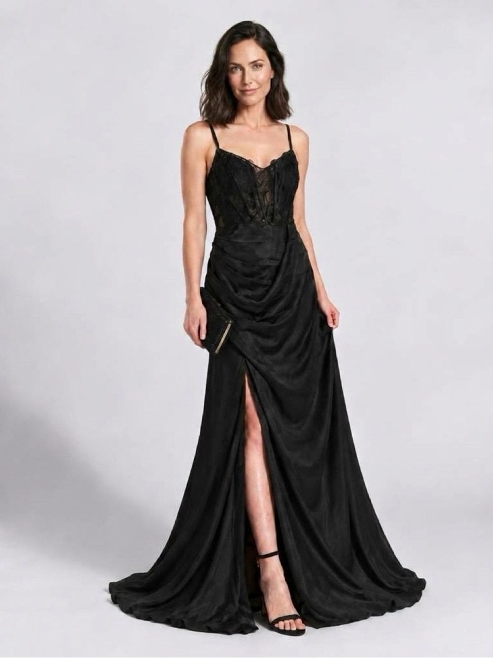 Azazie Black Lace Bodice Prom Gown with Front Slit